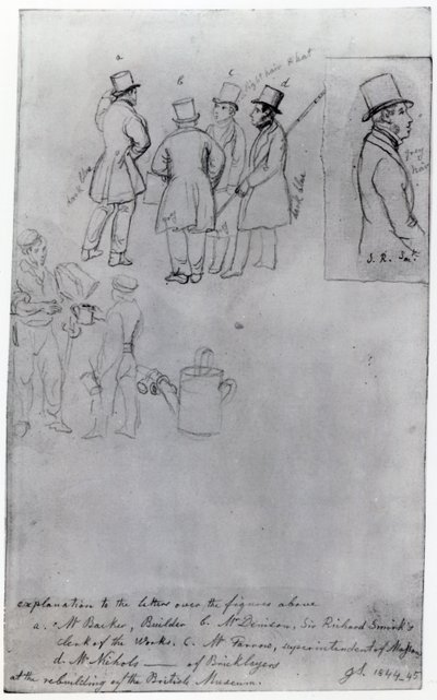 Bygherrer og landmålere ved genopbygningen af British Museum, 1844 (blyant på papir) af George Snr Scharf