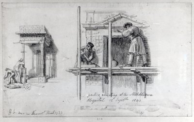 Opførelse af portikoer på Newham Street og Middlesex Hospital, London, 1833 og 1840 af George Snr Scharf