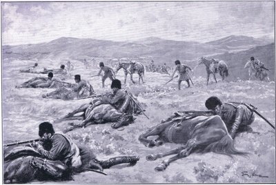 En kosak og hans hest: en anordning til at sikre dækning under en træfning, illustration fra Cassells History of the Russo-Japanese War Vol 1, ca. 1900 af George Soper