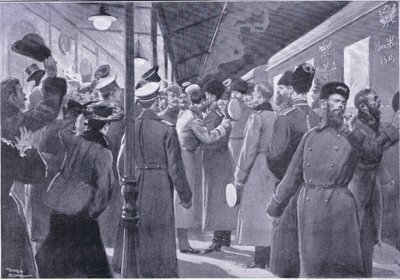 Czar siger farvel til officerer fra den kejserlige garde, illustration fra Cassells History of the Russo-Japanese War Vol 1, ca. 1900 af George Soper