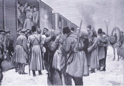 De russiske troppers afgang til Fjernøsten, illustration fra Cassells History of the Russo-Japanese War Vol 1, ca. 1900 af George Soper