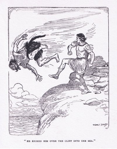Han sparkede ham over klippen i havet, fra The Heroes udgivet af George Allen og Unwin 1929 (farve litho) af George Soper