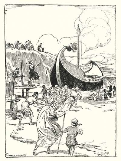 Jason og Argonauterne: "Det gode skib Argo sprang op af sandet på rullerne og styrtede frem som en galant hest" (litho) af George Soper
