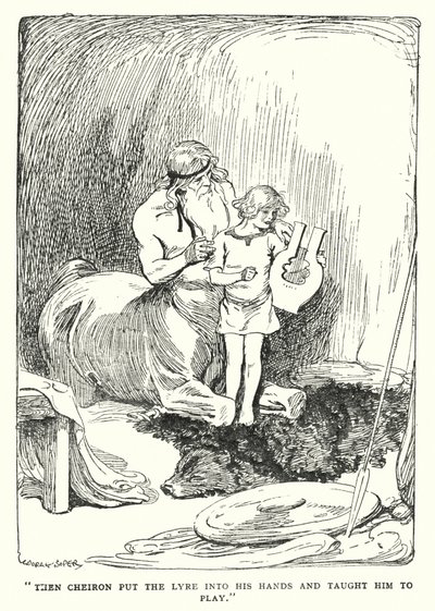 Jason og Argonauterne: "Så lagde Cheiron lyren i hans hænder og lærte ham at spille" (litho) af George Soper
