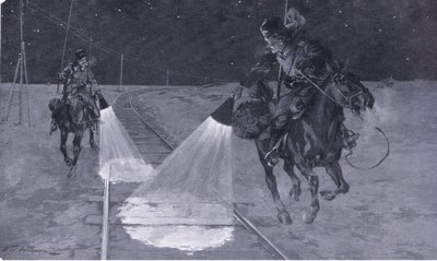 På en manchurisk jernbane: Natpatrulje, illustration fra Cassells History of the Russo-Japanese War Vol 1, ca. 1900 af George Soper