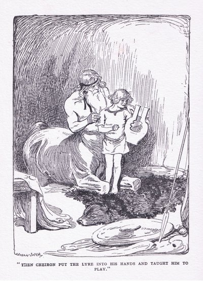 The Cheiron lagde lyren i hans hænder og bragte ham til at spille, fra The Heroes udgivet af George Allen og Unwin 1929 af George Soper