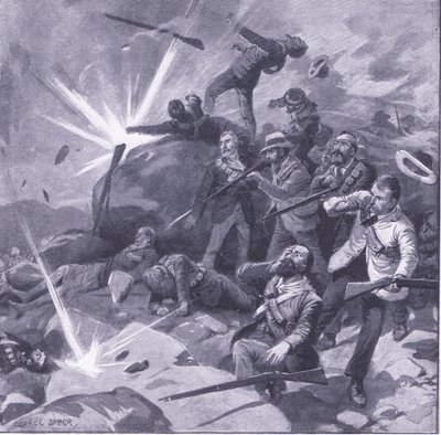 Den sidste stand for Johannesburg-politiet i Bergendal, illustration fra After Pretoria: The Guerilla War, 1902 af George Soper