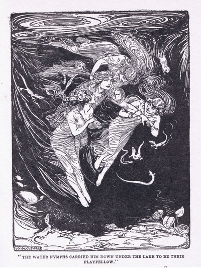 Vandnymferne bar ham ned ad søen til deres legekammerat, fra The Heroes udgivet af George Allen og Unwin 1929 (litho) af George Soper