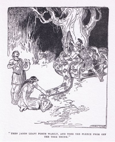Så sprang Jason træt frem og rev fleece af træstammen, fra The Heroes udgivet af George Allen og Unwin 1929 (litho) af George Soper