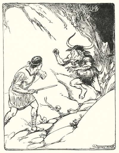 Theseus: "Han havde aldrig set så mærkeligt et dyr" (litho) af George Soper