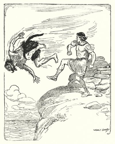 Theseus: "Han sparkede ham over klippen i havet" (litho) af George Soper