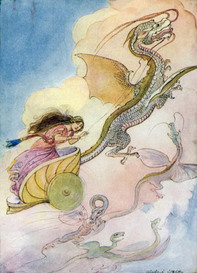 Theseus: "Medeia kaldte sin dragevogn" (farve litho) af George Soper