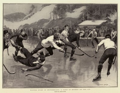 Vintersport i Schweiz, et spil hockey på isen af George Soper