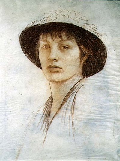 Pige i en fjerret hat (rødt kridt på vellum) af George Spencer Watson