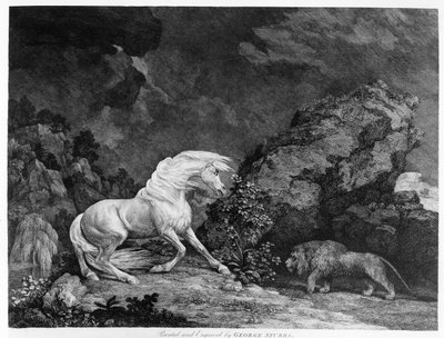 En hest skræmt af en løve, indgraveret af kunstneren, 1777 af George Stubbs