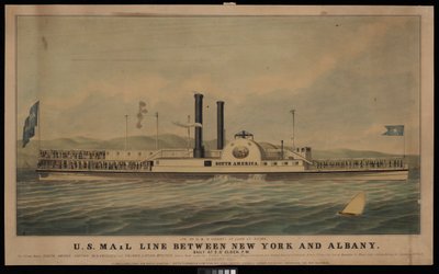 US Mail Line mellem New York og Albany hver dag kl. 17.00.... (litografi, farvelagt) af George T. (after) Sanford