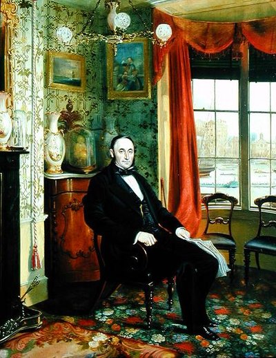 Portræt af Henry Thomas Lambert siddende i sit arbejdsværelse med udsigt over Themsen (olie på lærred) af George Townsend Cole