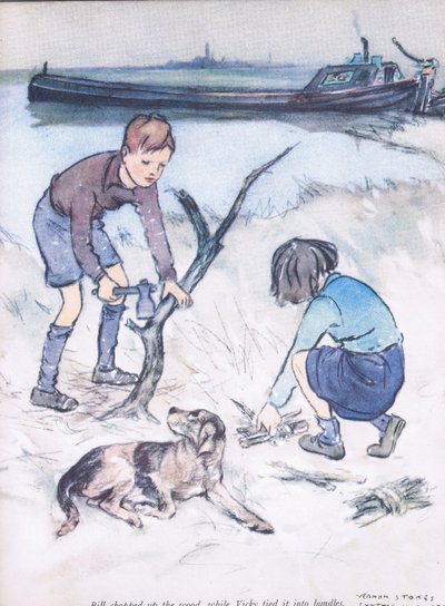 Bill huggede træet, mensVicky bandt det i bundter, fra Mudlarks udgivet af Collins af George Vernon Stokes
