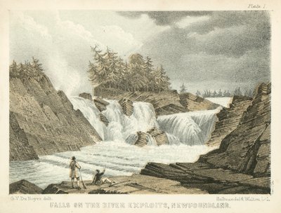 Vandfald ved floden Exploits, Newfoundland (koloreret stik) af George Victor Du Noyer