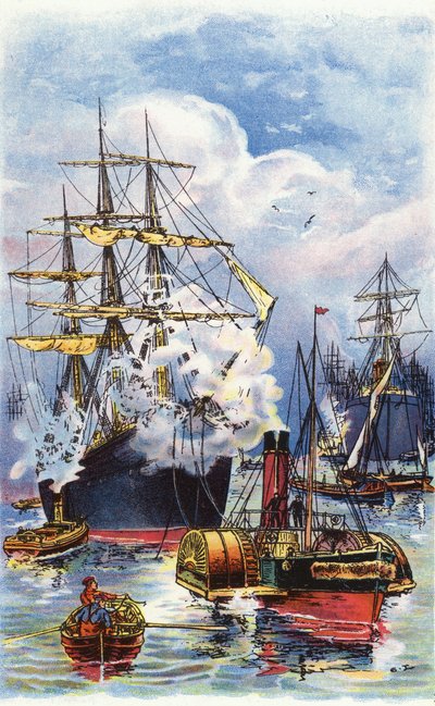 En købmand bliver bugseret op ad Themsen (farve litho) af George Washington Lambert