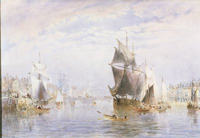Lille håndværk på floden ved Whitby ved Whitby Bridge, 1877 (wc og skrabe ud) af George Weatherill