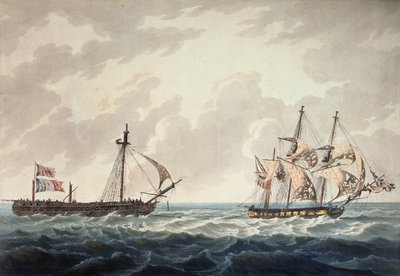 Hans Majestæts Sloop, Bonne Citoyenne, tager den franske fregat, La Furieuse, på slæb efter handlingen den 6. juli 1809, indgraveret af R und D Havell, udgivet af Robert Cribb i 1810 af George Webster