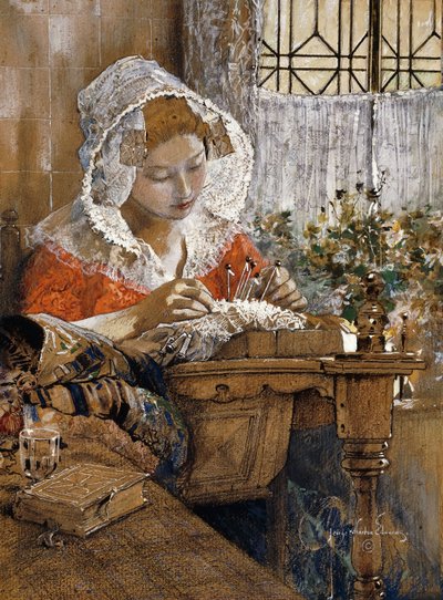 Den flamske blondemager, ca. 1925 (gouache, pastel og blyant på brunt papir) af George Wharton Edwards