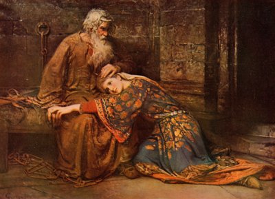 Shakespeare: Cordelia trøster King Lear in Prison, King Lear, Act V, Scene 3 (farve litho) af George William (after) Joy