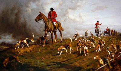 Jæger og hunde vil tegne (olie på lærred) af George Wright