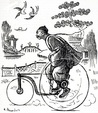 En tegneserie, der forestiller en kinesisk mand, der kører på en trehjulet cykel gennem en park i Kina. Illustreret George du Maurier (1834-1896), en fransk-britisk tegneserieskaber og forfatter af George du Maurier