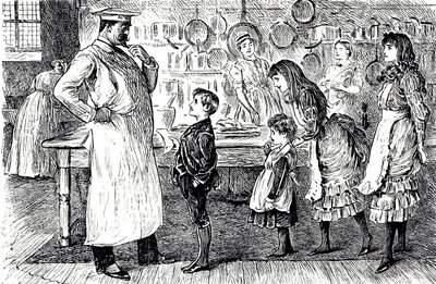 En tegneserie, der forestiller en kok, der tager imod ordrer fra husets børn. Illustreret af George du Maurier (1834-1896), en fransk-britisk tegneserieskaber og forfatter af George du Maurier