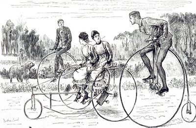 En tegneserie, der forestiller en gruppe unge mennesker, der kører på trehjulede cykel. Illustreret George du Maurier (1834-1896), en fransk-britisk tegneserieskaber og forfatter af George du Maurier