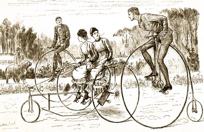 En tegneserie, der forestiller en gruppe unge mennesker, der kører på trehjulede cykel. Illustreret George du Maurier (1834-1896), en fransk-britisk tegneserieskaber og forfatter af George du Maurier