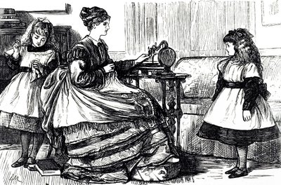 En tegneserie, der forestiller en ung mor, der bruger en symaskine. Illustreret af George du Maurier (1834-1896), en fransk-britisk tegneserieskaber og forfatter af George du Maurier