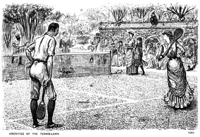 Faciliteter på tennisplænen, 1883 1891. af George du Maurier