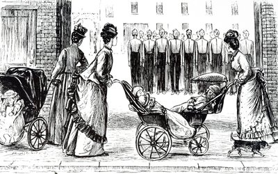 En gravering, der forestiller børnepiger, der kører rundt med børn i perambulationer. Illustreret af George du Maurier (1834-1896), en fransk-britisk tegneserieskaber og forfatter af George du Maurier