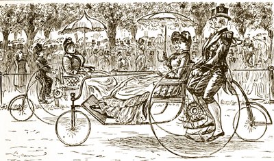 En gravering, der forestiller passagerer, der kører i cykelvogne. Illustreret af George du Maurier (1834-1896), en fransk-britisk tegneserieskaber og forfatter af George du Maurier