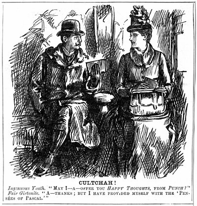 Fordele ved universitetsuddannelse for kvinder. George du Maurier tegneserie fra Punch London 8. december 1887. Ung mand i jernbanevogn tilbyder kandidat fra Girton, Cambridge, lidt let læsning til rejsen. Hun afslår yndefuldt, da hun har udstyret hende af George du Maurier