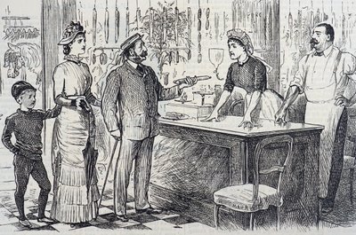 Tegneserie, der kommenterer den gennemsnitlige englænders rystende forståelse af det metriske system af George du Maurier