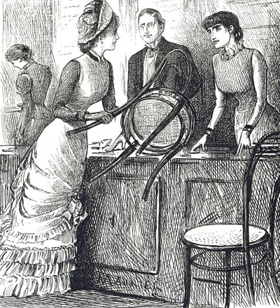 Tegneserie, der kommenterer butiksassistenters arbejdsforhold af George du Maurier