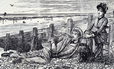 Tegneserie, der viser et par, der nyder deres bryllupsrejse på en stenstrand af George du Maurier