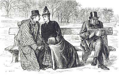 Tegneserie, der skildrer et par, der udveksler kærlighed på bænken i parken, mens manden ved siden af dem ser på med misbilligelse af George du Maurier