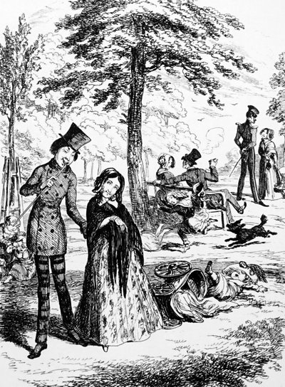 Tegneserie, der forestiller en hushjælp, der går med sin elsker, af George du Maurier (1834-1896), en fransk-britisk tegneserieskaber og forfatter af George du Maurier