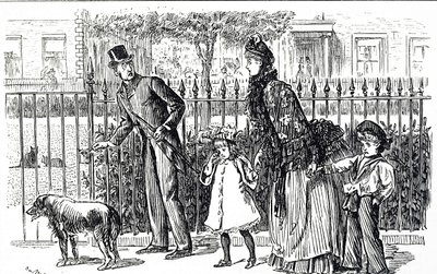 Tegneserie, der forestiller en familie, der går på gaderne i det victorianske London af George du Maurier