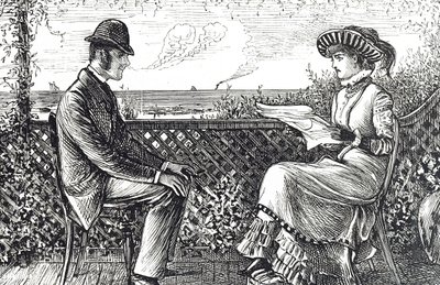 Tegneserie af mand og kone - manden er ansvarlig for sin kones gæld, medmindre han har offentliggjort en tilbagekaldelse af sit ansvar af George du Maurier