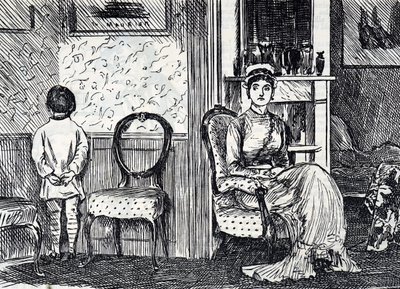 Tegneserie, der skildrer en mor, der straffer sin søn ved at få ham til at stå vendt mod væggen af George du Maurier