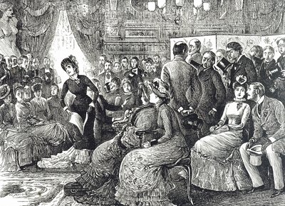 Tegneserie, der viser en typisk koncert i dagligstuen af George du Maurier