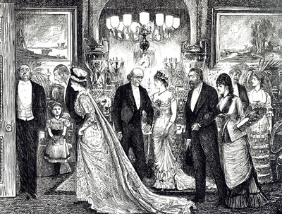Tegneserie, der skildrer en elegant soirée i et victoriansk hjem af George du Maurier