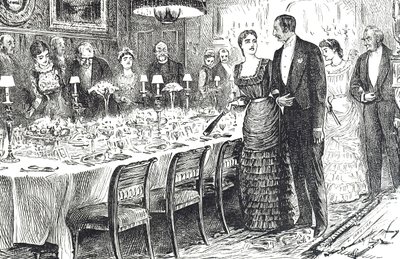 Tegnefilm med titlen "Going into Dinner", der viser et ungt par på vej ind i en spisestue af George du Maurier