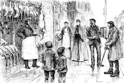 Gravering, der forestiller en slagter og poulterer, der fotograferes foran sin juleudstilling af George du Maurier. George du Maurier (1834-1896), en fransk-britisk tegneserieskaber og forfatter. Dateret 1800-tallet ©UIG/Leemage af George du Maurier